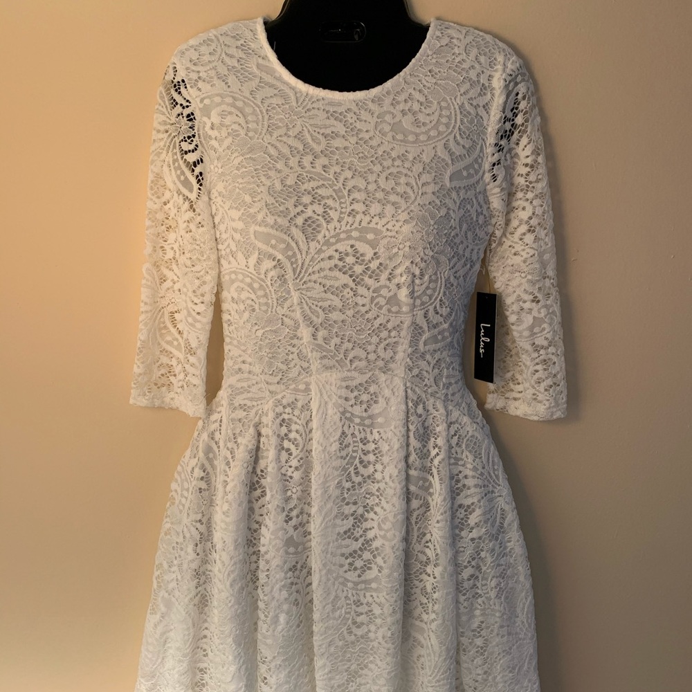 3/4 Sleeve White Lace Skater Dress